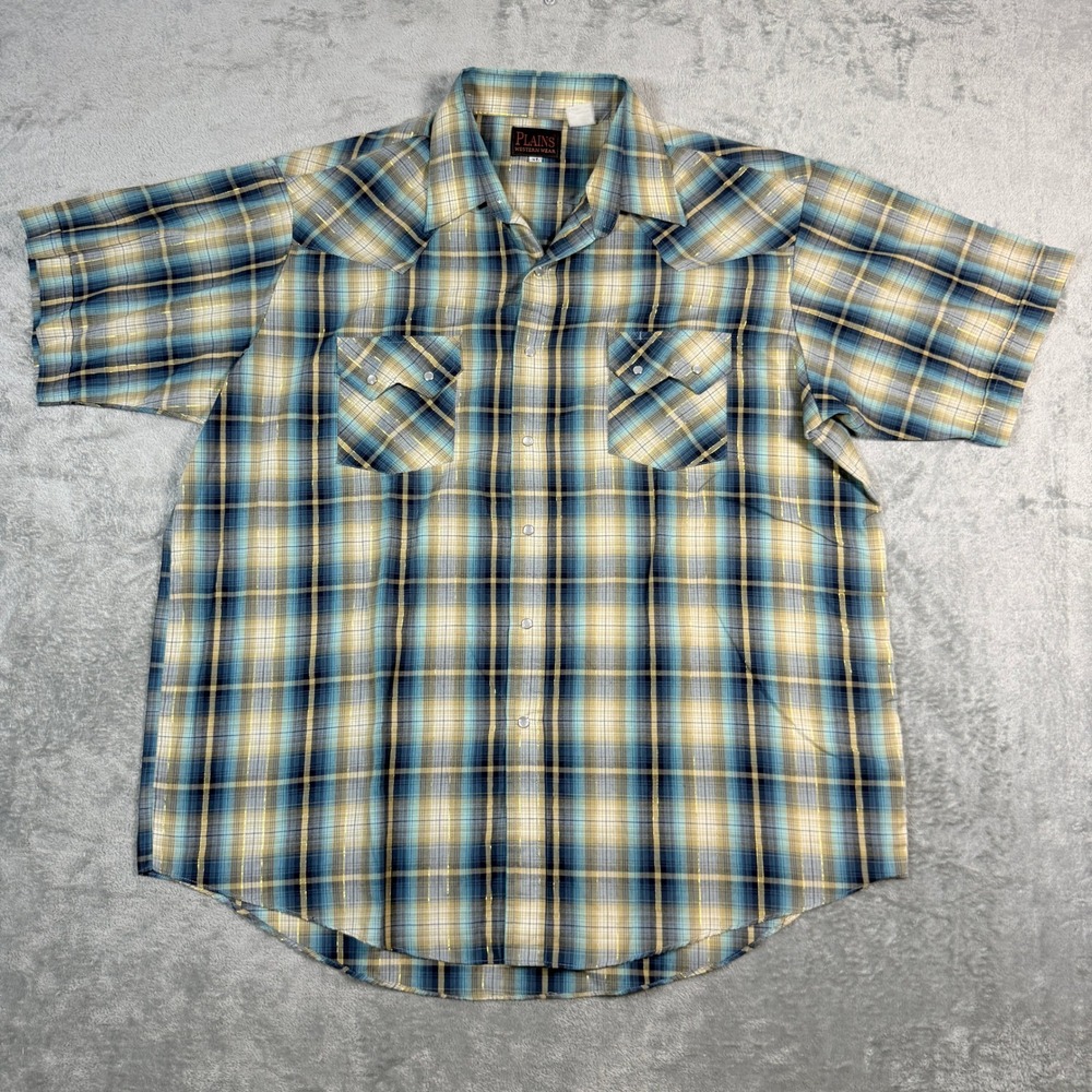 Plains Mens XL Short Sleeve Western Snap Plaid Blue Tan Gold Lurex Shirt